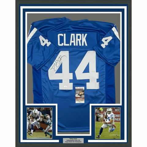 FRAMED Autographed/Signed DALLAS CLARK 33x42 Indianapolis Blue Jersey JSA COA