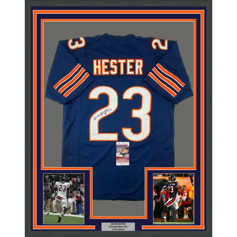 Framed Autographed/Signed Devin Hester 33x42 Chicago Blue Jersey JSA COA