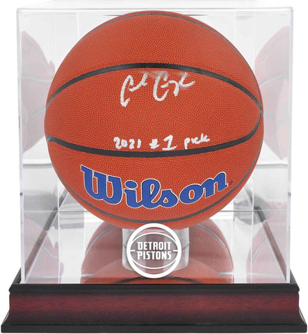 Cade Cunningham Pistons Signed Wilson Team Logo Ball w/Ins/Mahogany Display Case