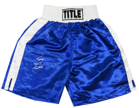 Tony Tucker Signed Title Blue Boxing Trunks w/TNT - SCHWARTZ COA