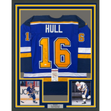 Framed Autographed/Signed Brett Hull 33x42 St. Louis Blue Hockey Jersey JSA COA