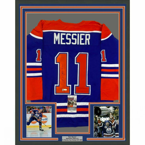 FRAMED Autographed/Signed MARK MESSIER 33x42 Edmonton Blue Hockey Jersey JSA COA
