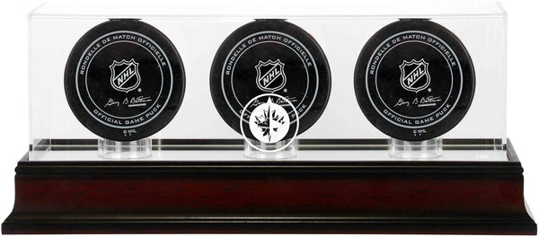 Winnipeg Jets Mahogany Three Hockey Puck Logo Display Case