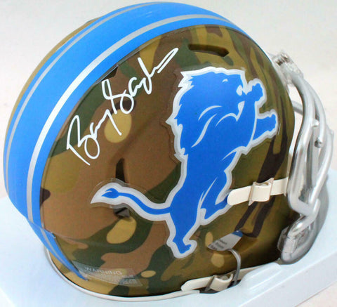 Barry Sanders Autographed Detroit Lions Camo Speed Mini Helmet -Beckett Hologram