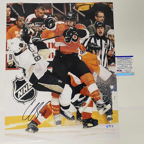 Autographed/Signed Claude Giroux Flyers Sidney Crosby Hit 16x20 Photo PSA COA