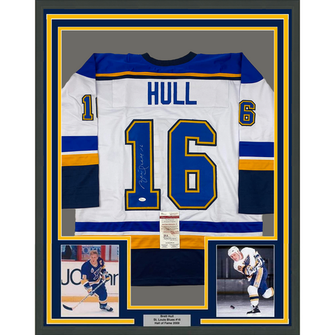 Framed Autographed/Signed Brett Hull 33x42 St. Louis White Hockey Jersey JSA COA