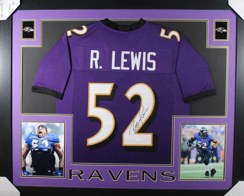 Ray Lewis Autographed Baltimore Ravens Framed Purple XL Jersey BAS 31055