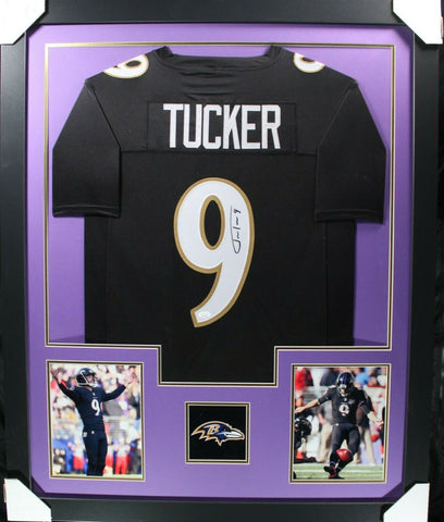 JUSTIN TUCKER (Ravens black TOWER) Signed Autographed Framed Jersey JSA