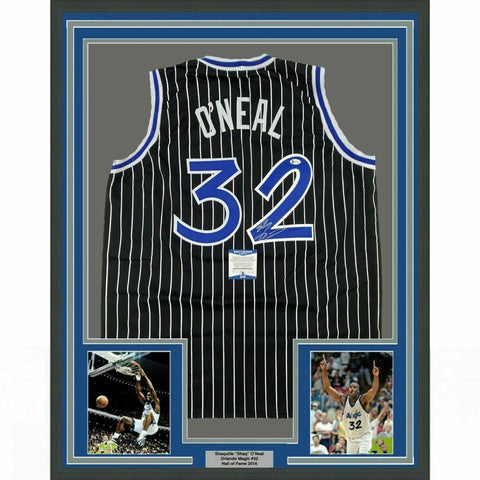 FRAMED Autographed/Signed SHAQUILLE O'NEAL 33x42 Orlando Black Jersey BAS COA
