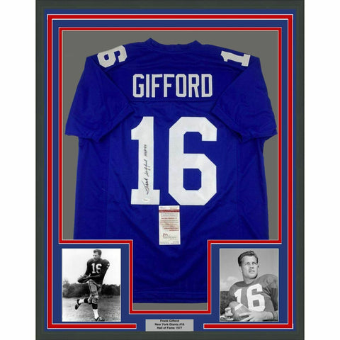 FRAMED Autographed/Signed FRANK GIFFORD HOF 33x42 New York Blue Jersey JSA COA