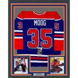 Framed Autographed/Signed Andy Moog 33x42 Edmonton Blue Hockey Jersey JSA COA