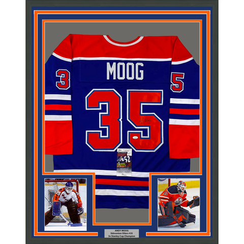 Framed Autographed/Signed Andy Moog 33x42 Edmonton Blue Hockey Jersey JSA COA