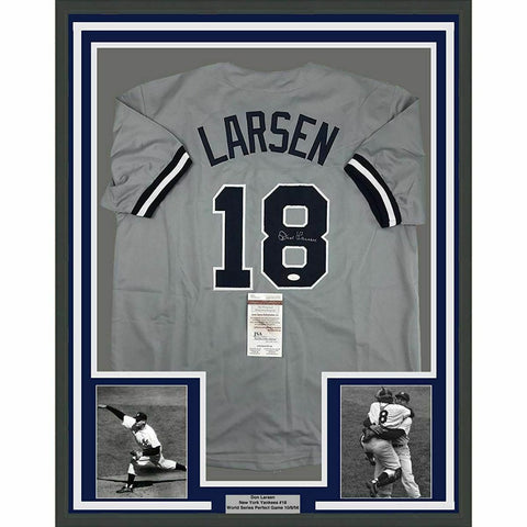 FRAMED Autographed/Signed DON LARSEN 33x42 New York Grey Baseball Jersey JSA COA