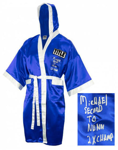 Michael Nunn Signed Title Blue Boxing Robe w/2x Champ, Second To Nunn - (SS COA)