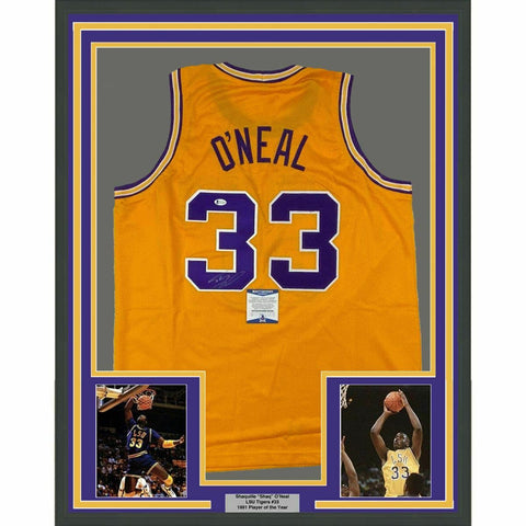 FRAMED Autographed/Signed SHAQUILLE SHAQ O'NEAL 33x42 LSU Yellow Jersey BAS COA