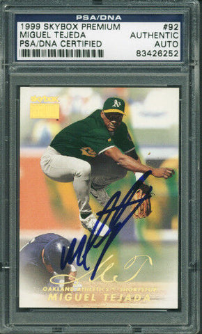 Athletics Miguel Tejada Authentic Signed Card 1999 Skybox #92 PSA/DNA Slabbed
