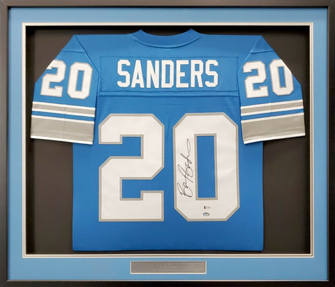 LIONS BARRY SANDERS AUTOGRAPHED FRAMED BLUE AUTHENTIC M&N JERSEY BECKETT 191188