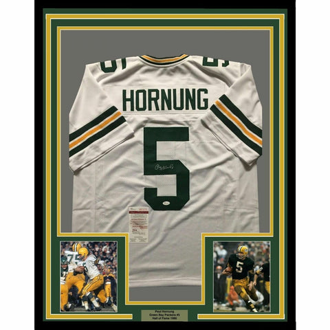 FRAMED Autographed/Signed PAUL HORNUNG 33x42 Green Bay White Jersey JSA COA Auto