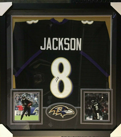 Lamar Jackson Signed Baltimore Ravens 36" x 39" Framed Jersey (JSA COA) 2019 MVP