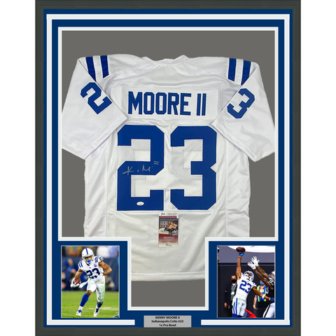 Framed Autographed/Signed Kenny Moore II 33x42 White Football Jersey JSA COA