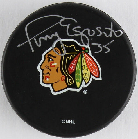 Tony Esposito Signed Blackhawks Logo Hockey Puck (Autograph Reference COA)