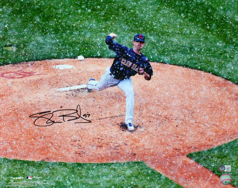 Shane Bieber Signed Cleveland Indians 16X20 Pitching In Snow - BA W Holo *Black
