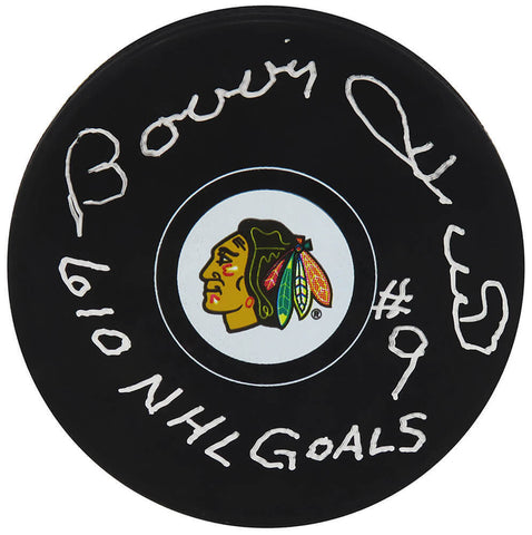 Bobby Hull Signed Chicago Blackhawks Team Logo Hockey Puck w/610 Goals -(SS COA)