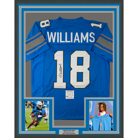 Framed Autographed/Signed Jameson Williams 33x42 Detroit Blue Jersey JSA COA