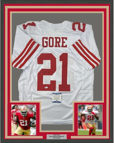 Framed Autographed/Signed Frank Gore 33x42 San Francisco White Jersey BAS COA