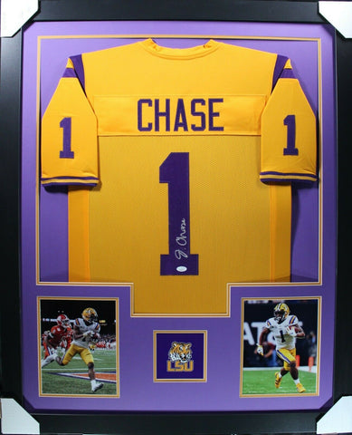 JA'MARR CHASE (LSU yellow TOWER) Signed Autographed Framed Jersey JSA
