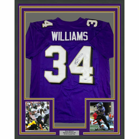 FRAMED Autographed/Signed RICKY WILLIAMS 33x42 Baltimore Purple Jersey BAS COA
