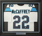 PANTHERS CHRISTIAN MCCAFFREY AUTOGRAPHED FRAMED WHITE JERSEY BECKETT 191182
