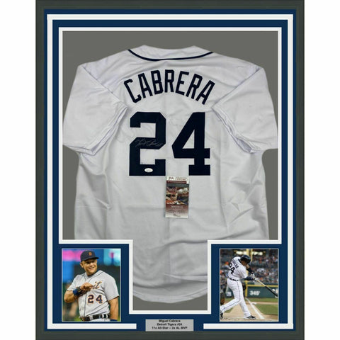 FRAMED Autographed/Signed MIGUEL CABRERA 33x42 Detroit White Jersey JSA COA Auto
