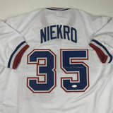 Autographed/Signed PHIL NIEKRO Atlanta White Baseball Jersey JSA COA Holo Only