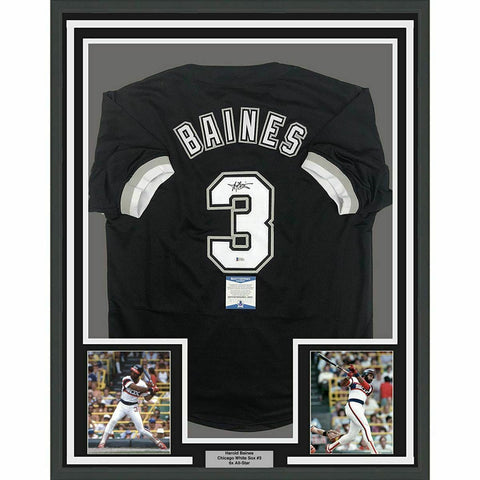 FRAMED Autographed/Signed HAROLD BAINES 33x42 Chicago Black Jersey Beckett COA