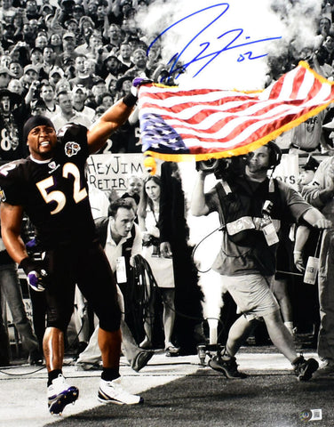 Ray Lewis Autographed Baltimore Ravens 16x20 Flag Photo -Beckett W Hologram