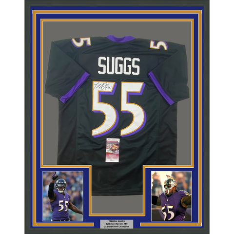 Framed Autographed/Signed Terrell Suggs 33x42 Baltimore Black Jersey JSA COA