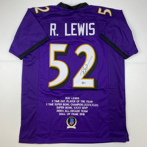 Autographed/Signed Ray Lewis Baltimore Purple Stat Football Jersey Beckett COA