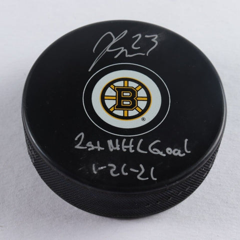 Jack Studnicka Signed Bruins Logo Hockey Puck Inscribed "1st NHL Goal 1-21-21"