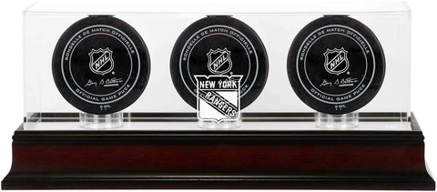 New York Rangers Mahogany Three Hockey Puck Logo Display Case