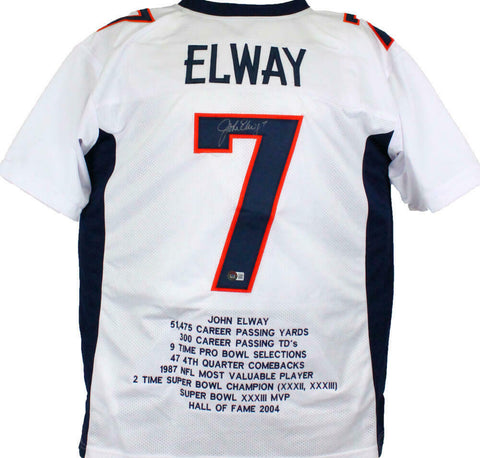 John Elway Autographed White Pro Style STAT Jersey- Beckett W Hologram *Silver