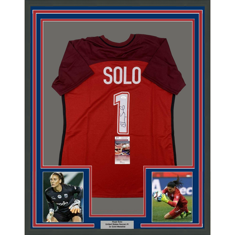 FRAMED Autographed/Signed HOPE SOLO 33x42 Red United States USA Jersey JSA COA