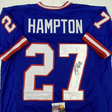 Autographed/Signed RODNEY HAMPTON New York Blue Football Jersey JSA COA Auto