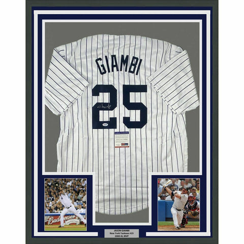FRAMED Autographed/Signed JASON GIAMBI 33x42 Pinstripe Baseball Jersey PSA COA