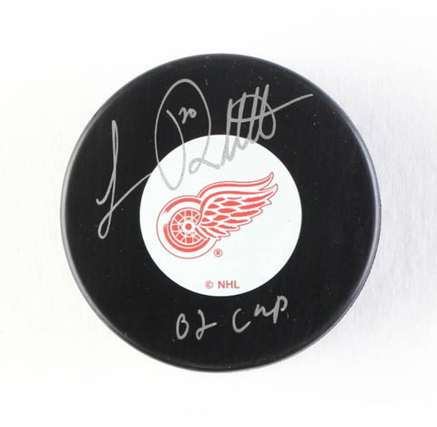 Luc Robitaille Signed Detroit Red Wings Logo Puck Inscribed "02 Cup" (COJO)