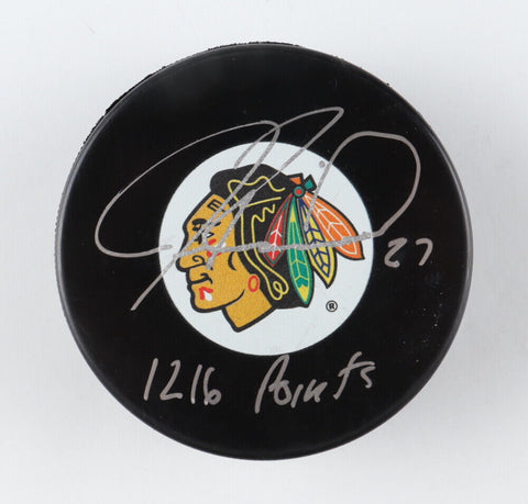 Jeremy Roenick Signed Chicago Blackhawk Logo Puck Inscribed "1216 Points" (COJO)