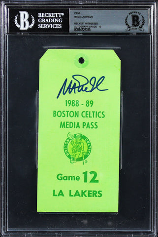 Lakers Magic Johnson Signed 1988-89 LAL Vs BOS Media Pass Auto 10! BAS Slab