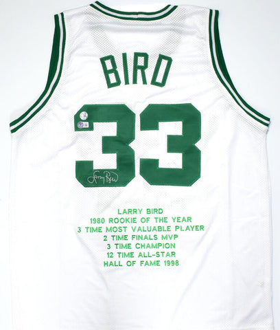 Larry Bird Autographed White Pro Style STAT Jersey-Beckett W Hologram *Silver