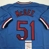 Autographed/Signed WILLIE MCGEE St. Louis Blue Baseball Jersey JSA COA Auto