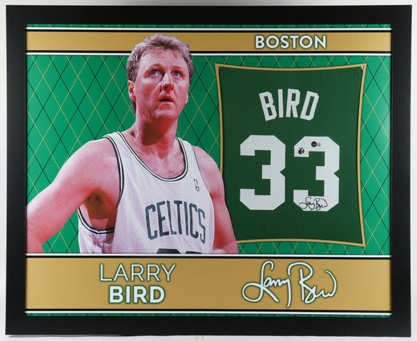 Larry Bird Signed Boston Celtics 35x43 Custom Framed White Jersey
